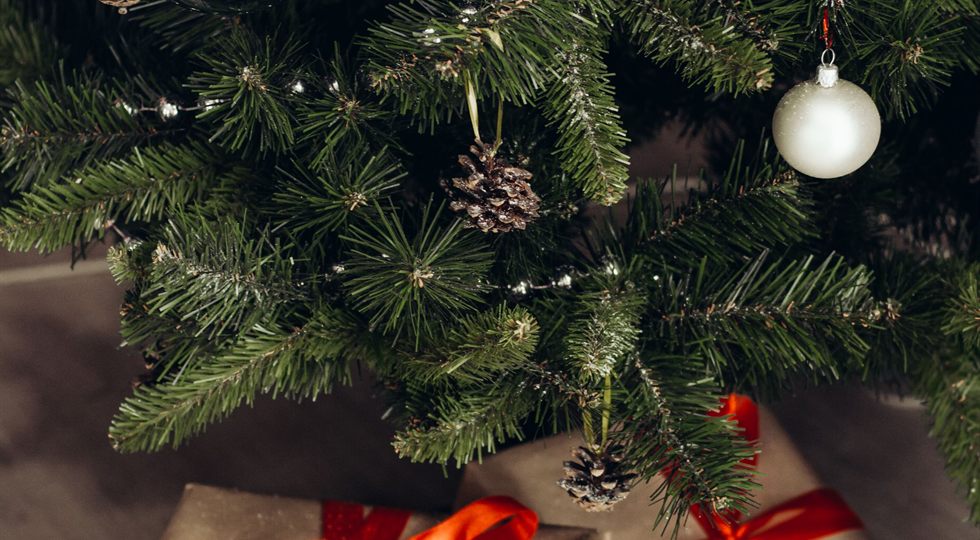A decorated Christmas tree with gifts beneath it
